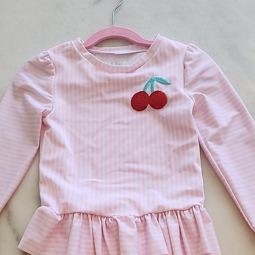 Girls Pink Stripe Cherry Peplum Swim top/rashguard
